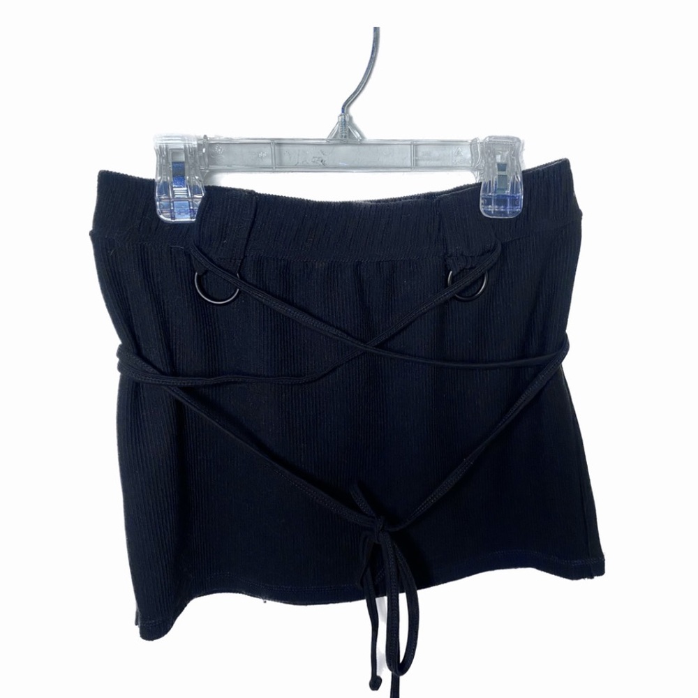 NWT Dolls Kill - Darker Wavs | Black Ribbed Mini Skirt With Wrap Straps